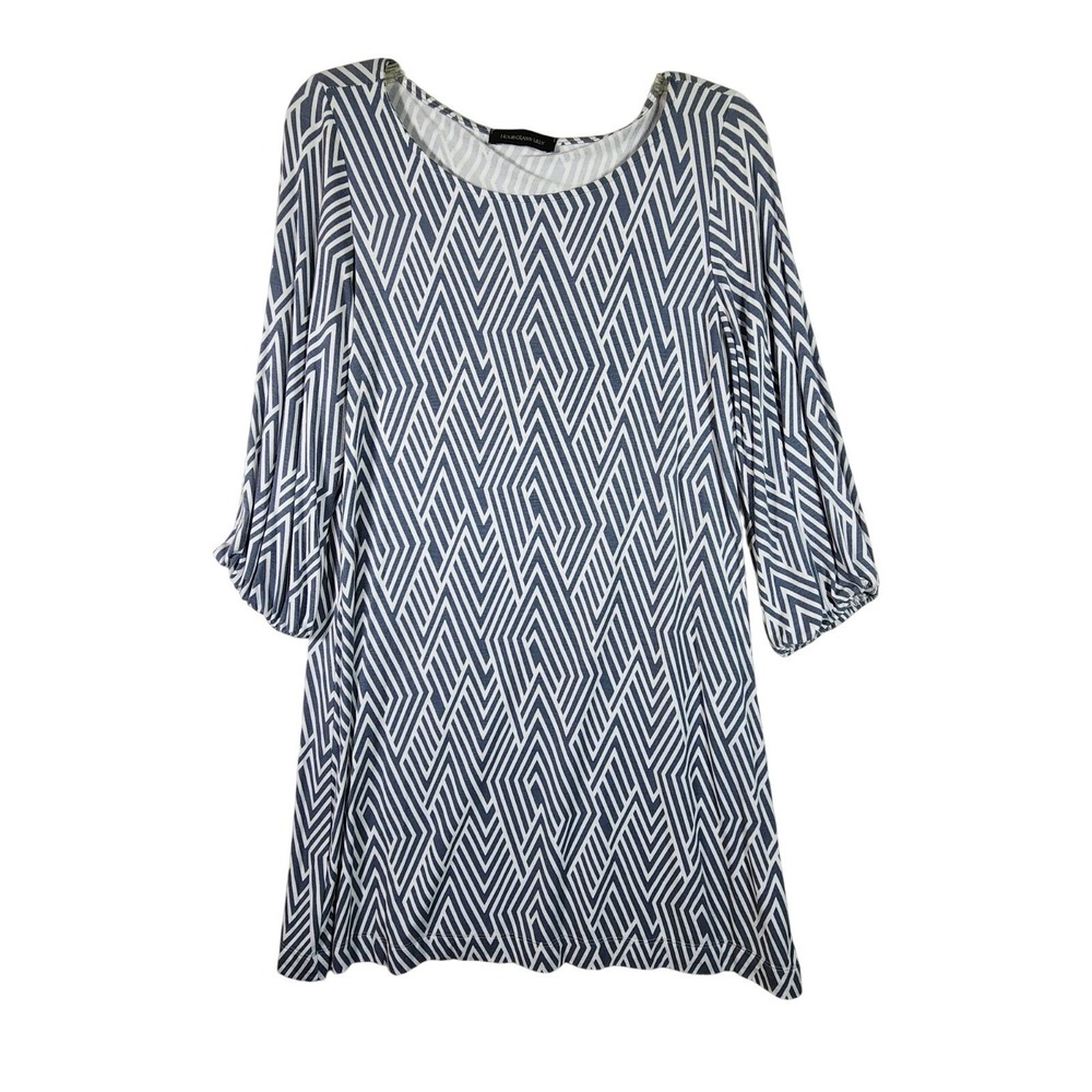 Hourglass Lilly Womens Medium Geometric Tunic Top Blue White USA Stretch Boho